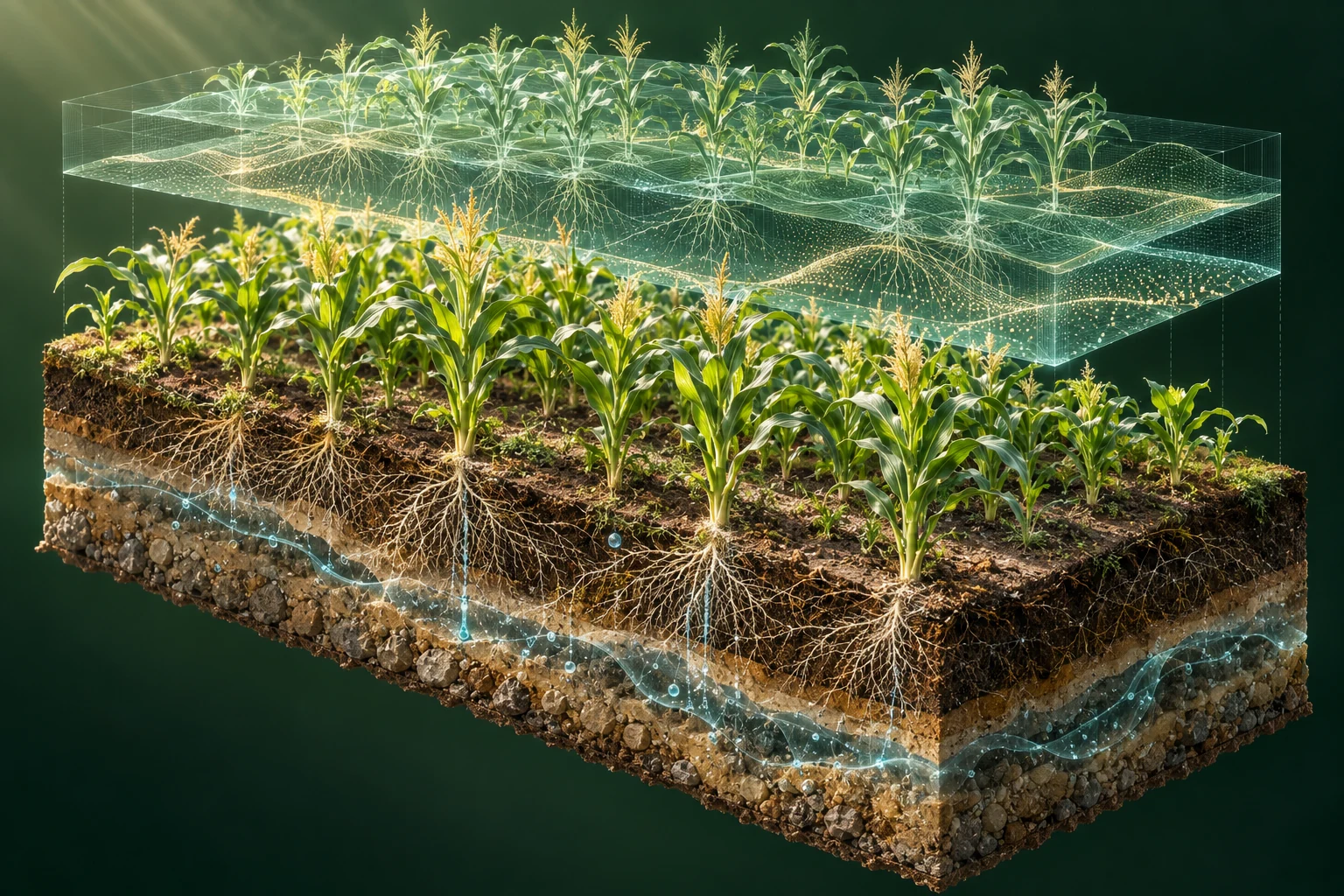 Ilustración conceptual de un gemelo digital de maíz con suelo, raíces y capas de simulación