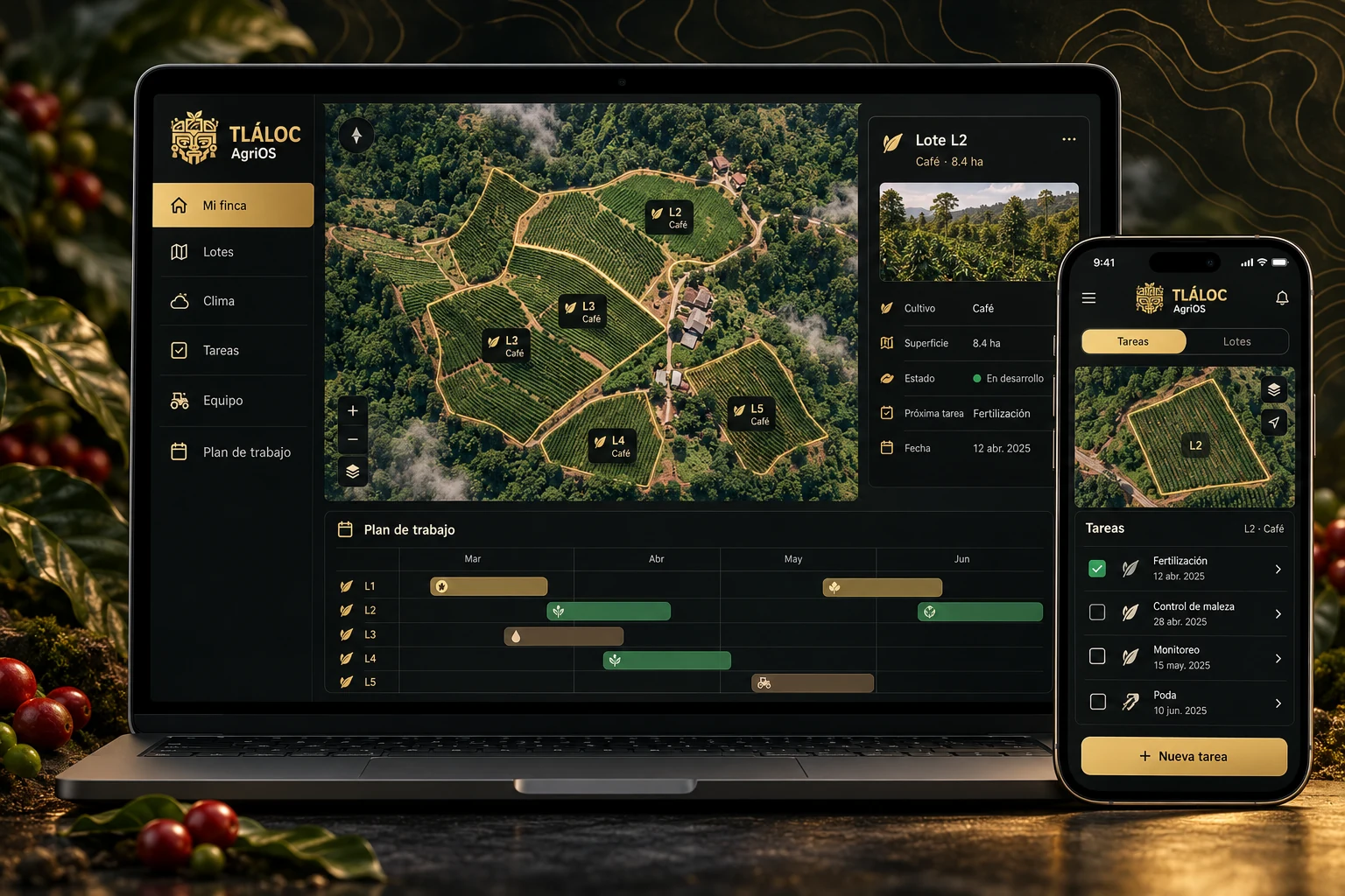 Mockup conceptual de AgriOS en computadora y móvil, con mapa de parcelas y planificación de tareas