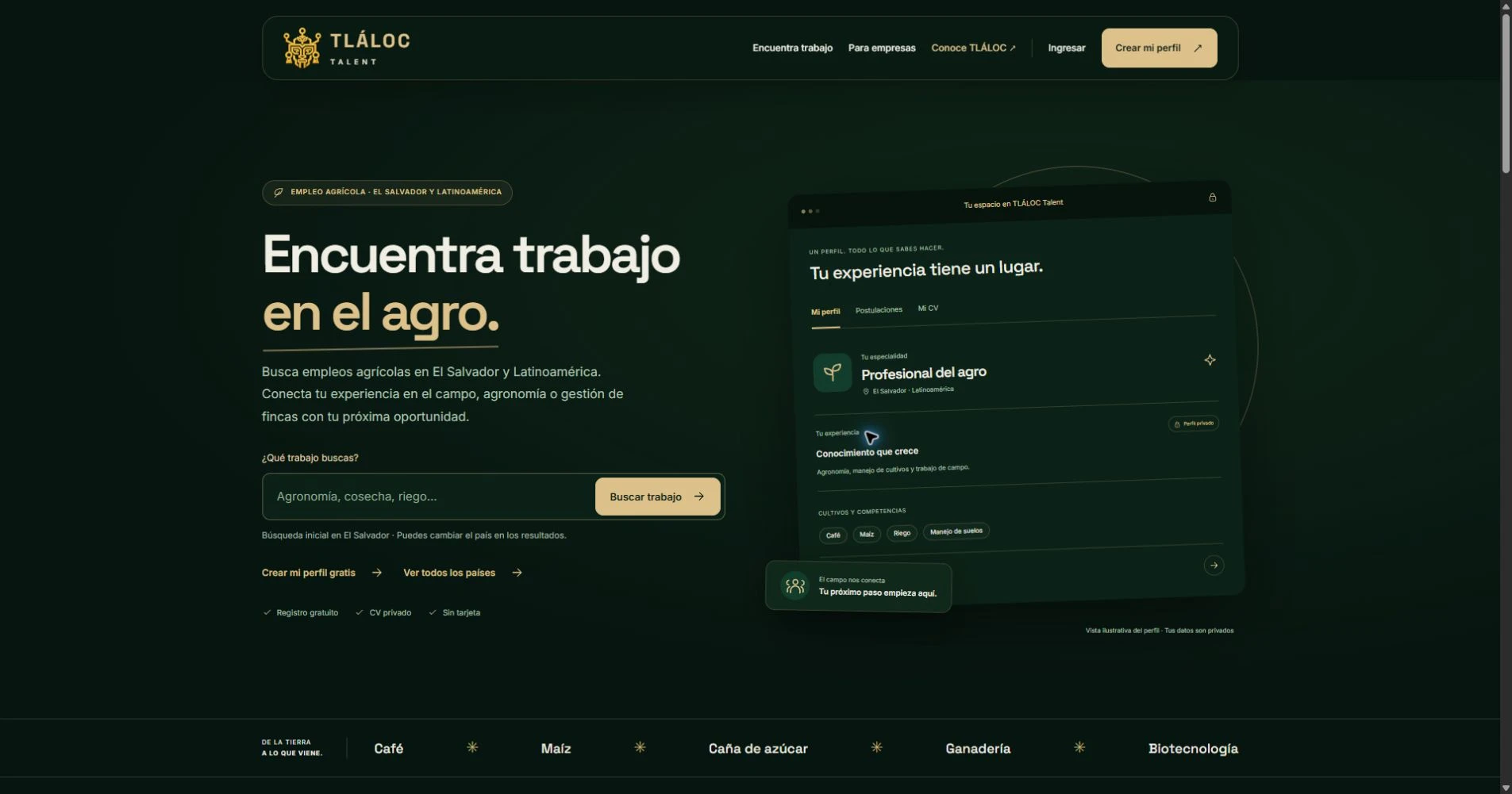Vista real de TLÁLOC Talent: buscador de empleo agrícola con la identidad verde oscuro y oro