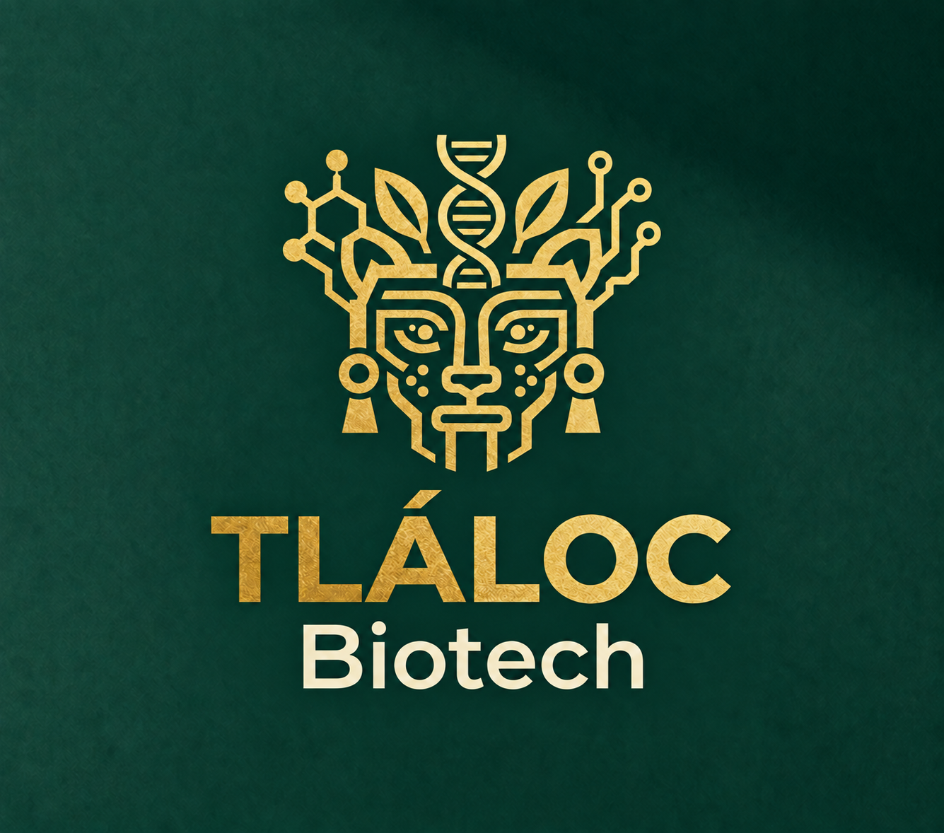 Logo de TLÁLOC Biotech: rostro dorado con elementos de ADN, hojas, moléculas y circuitos
