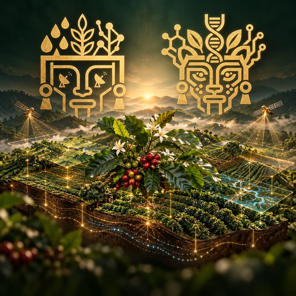 Ilustración conceptual de análisis inteligente del territorio y cafetales, con los emblemas dorados de TLÁLOC Agrofintech y TLÁLOC Biotech al fondo.